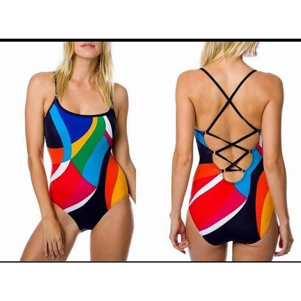 Nautica Women's Size M Lace Up Strappy Back One Piece Swimsuit Rainbow Abstract